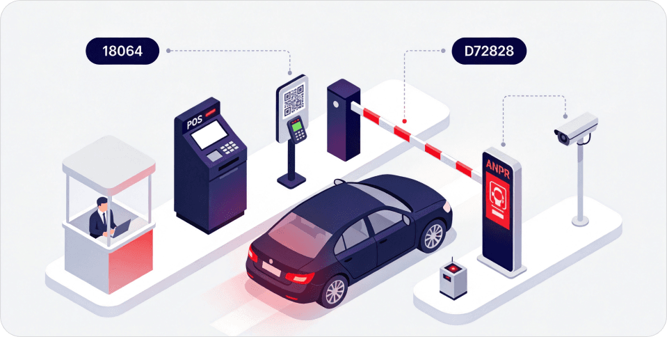 POS parking entrance with barrier gate and payment kiosk