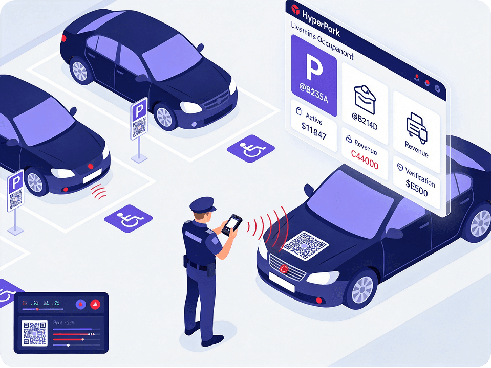 Parking enforcement officer verifying sessions with QR scan and live dashboard