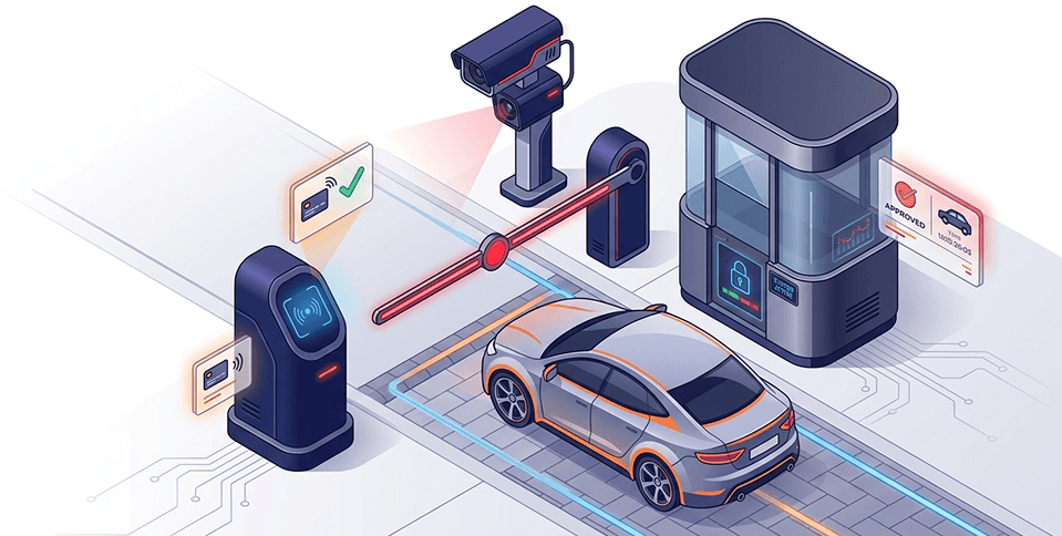 Automated parking access control with barrier gate, ANPR camera, and RFID reader